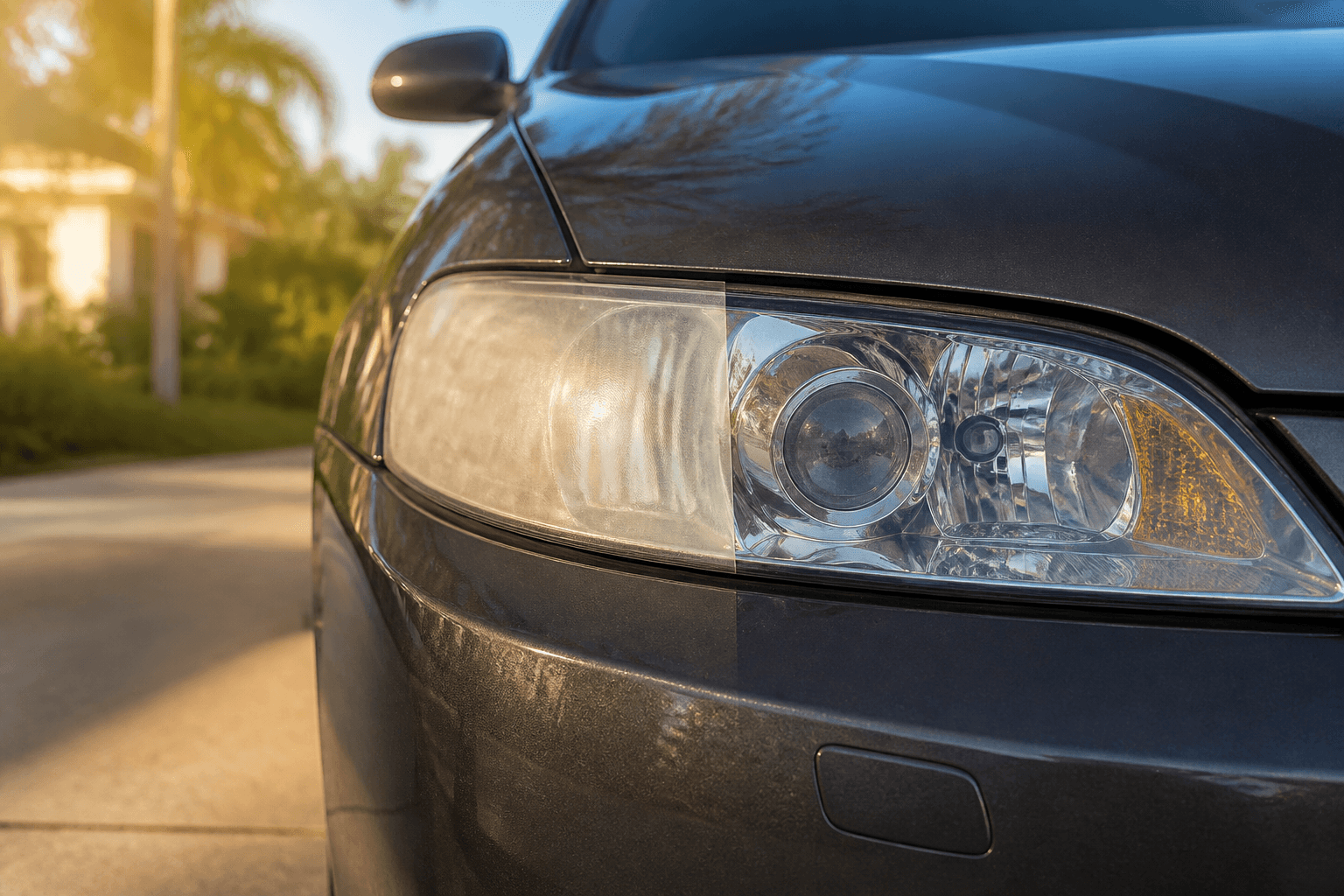 Cloudy and restored sections of an automotive headlight